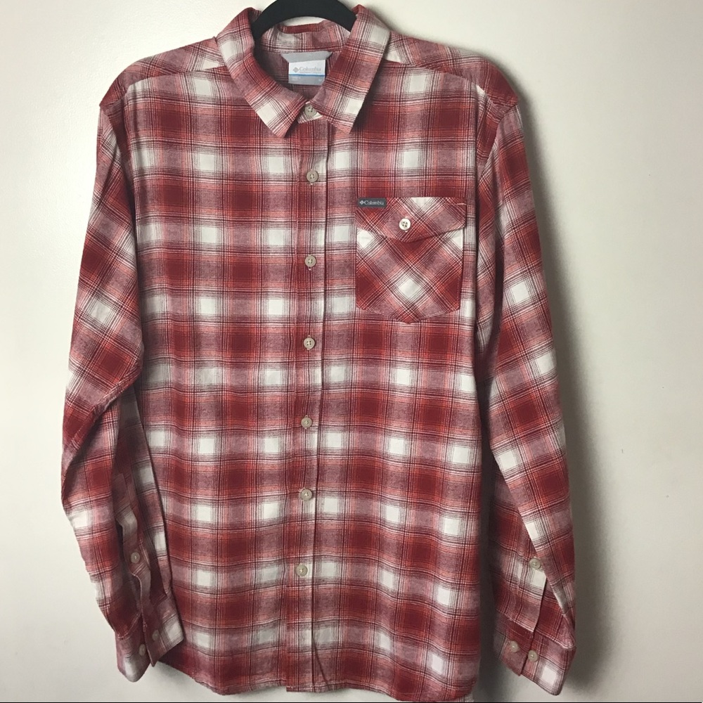 Columbia red plaid long sleeve button up shirt. Medium